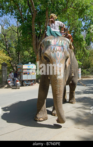 Ein Mahout sitzt oben auf seinen bemalten Elefanten schlendern durch die Straßen von Udaipur wirbt für Unternehmen. Stockfoto