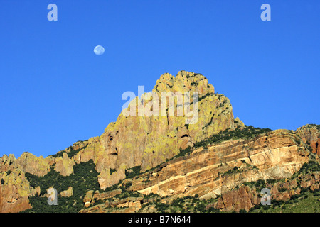 Chiricahua Bergen ARIZONA USA 19 August Moon over Flechten bedeckt Felsenspitze Stockfoto