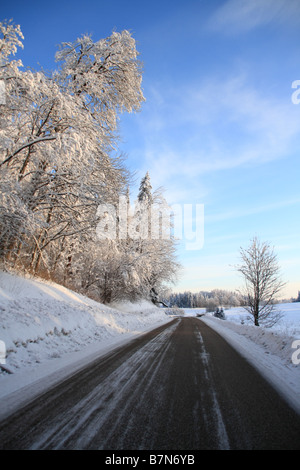 Eine frostige Winterlandschaft mit einer Straße im Vordergrund in Haanja, Estland. Eine Lage in der Nähe des höchsten Gipfels Estlands, dem Suur Munamagi Hügel. Stockfoto