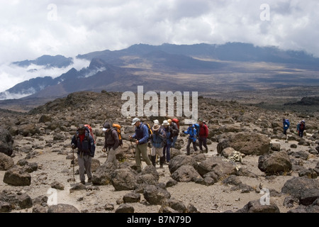 Gruppe von Bergsteigern auf dem Weg zum Lava Tower Kilimanjaro Tanzania Stockfoto