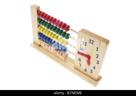 Hölzerne Kinder Abacus mit Uhr Stockfoto