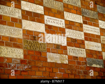 Blöcke mit Namen der Sponsoren des Wawel Schloss Umbauten und Renovierungen Bemühungen in Krakau, Polen graviert. Stockfoto