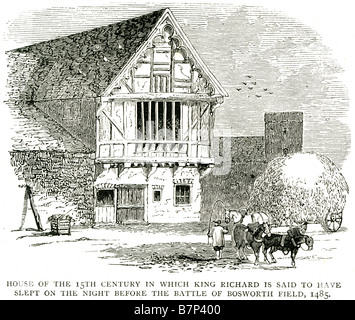 Haus 15. Jahrhundert König Richard Nacht schlief Bosworth Schlachtfeld 1485 Bauernhof traditionelle Versteck Gebäude Gericht Hof Warenkorb Bull h Stockfoto