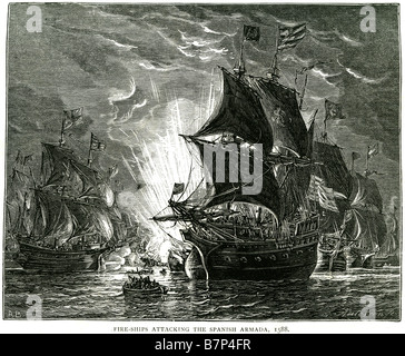 Angriff auf die spanische Armada 1588 Schlacht Schiff Flotte Meer Wasser Segeln Segeln Feuerschiffe Kanone Kanonen Explosion Fahnen Deck Mast der spanischen Stockfoto