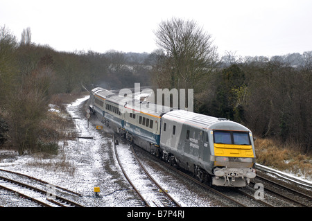 Wrexham und Shropshire Eisenbahn Zug im Winter, Warwickshire, England, UK Stockfoto