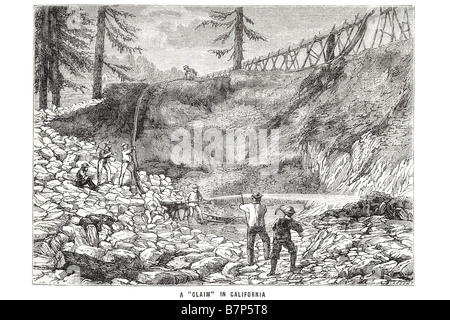 behaupten Sie, dass California Goldrausches 1849 Bergbau Anspruch Extrakt mineralischen öffentlichen Flächen Schlauch Aqua Rohr Rohr waschen Männer Arbeit sauber Refin Arbeits- Stockfoto