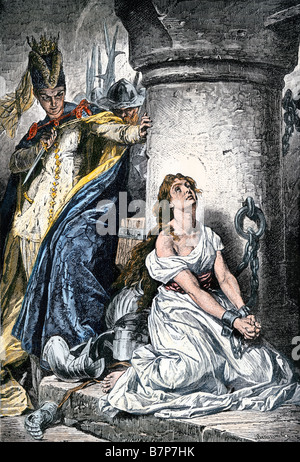 Jeanne d'Arc für Ketzerei und Hexerei nach der Fahrt die Englische von Orleans inhaftiert. Hand - farbige Holzschnitt Stockfoto