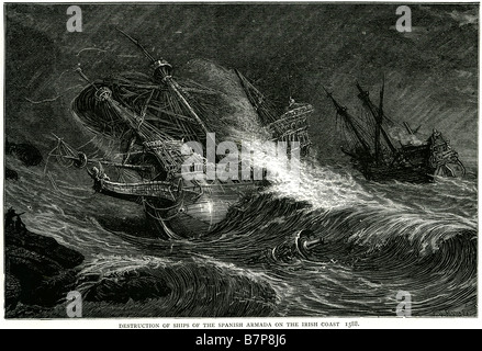 Zerstörung Schiffe spanische Armada irischen Küste 1588 unbesiegbare Marine Sturm Kampf Schiff Flotte Sea marine Na Wasser Segeln Segeln anrichten Stockfoto