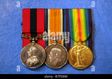 Gruppe von Weltkrieg einer Medaillen, von links nach rechts, Distinguished Conduct Medal, britischen Krieg-Medaille, britischer Sieg-Medaille. Stockfoto