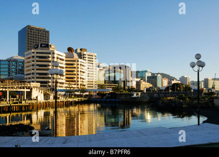 Bürogebäude mit Reflexionen in der Lagune, in der Morgendämmerung, Wellington, Neuseeland Stockfoto