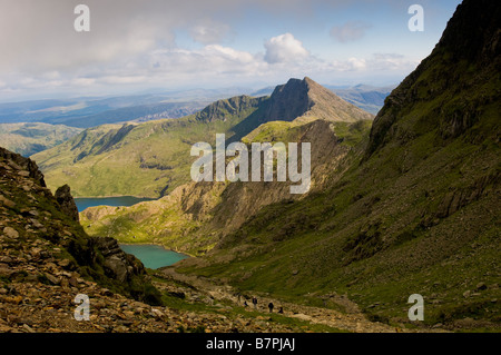 Llyn Llydaw Stausee und Glaslyn See vom Gipfel des Mount Snowdon Wales Stockfoto