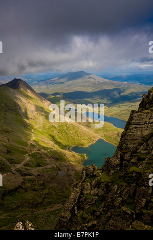 Llyn Llydaw Stausee und Glaslyn See vom Gipfel des Mount Snowdon Wales Stockfoto