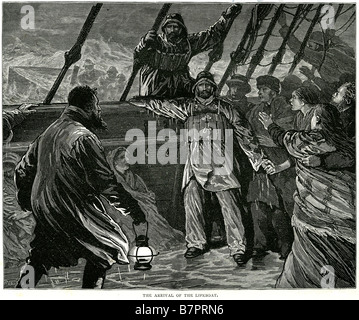 Ankunft-Rettungsboot retten sinkendes Schiff Boot Sturm Meer Opfer traditionelle Kleidung nass Stockfoto