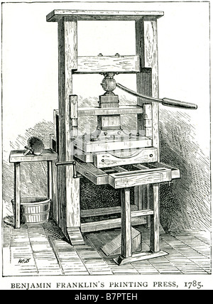 Benjamn Franklin Druckmaschine 1785 hölzerne Benjamin Franklin (17. Januar 1706 [O.S 6. Januar 1705] – 17. April 1790) war auf Stockfoto