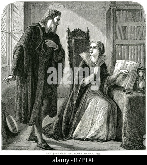 Lady Jane Grey und roger Ascham 1553 Lady Jane Grey (1536/1537 – 12 Februar 1554), auch bekannt als Königin Jane von England, war ein c Stockfoto