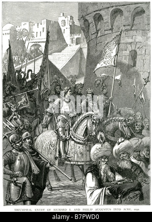 triumphaler Einzug von Richard I und Philip Augustus in Akko 1191 der Belagerung von Akko war die erste Konfrontation des dritten Crusa Stockfoto