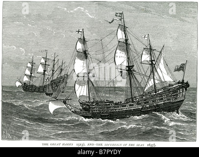 Großer Harry 1513 souverän von den Meeren 1637 zwei königliche Schiffe Meer segeln Marine englische Carrack ersten Rang Linienschiff Stockfoto