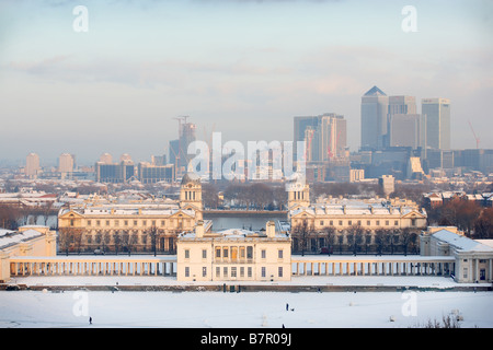 Landschaftsblick auf Greenwich und Docklands von London, UK Stockfoto