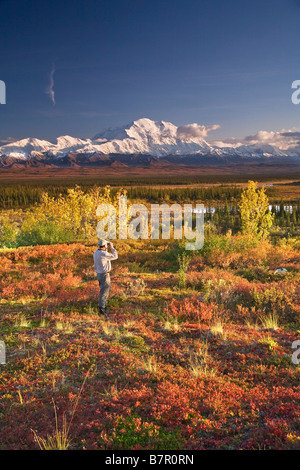 Wanderer-Blick auf Mt. Mckinley & die Alaska Range mit dem Fernglas in der Nähe der Wonder Lake Campground, Denali-Nationalpark, Alaska. Stockfoto