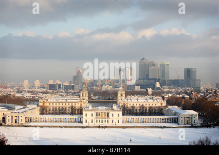 Landschaftsblick auf Greenwich und Docklands von London, UK Stockfoto