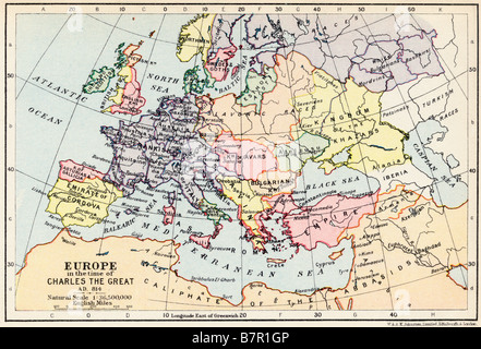 Karte von Europa zur Zeit Karls des Großen, 814 n. Chr. Stockfoto