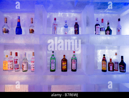 Detail der Reihen von Alkoholflaschen auf Schelfeis in der Ice Bar in Harbin China 2009 Stockfoto