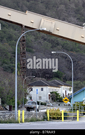 Hafeninfrastruktur für Phosphat kreuzt die Straße in der Siedlung, Flying Fish Cove, Weihnachtsinsel, Western Australia Stockfoto
