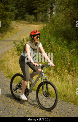 Kaukasische Frau in Shorts und T-Shirt, Mountainbiken durch den Beddgelert Wald an einem warmen Sommertag. Stockfoto