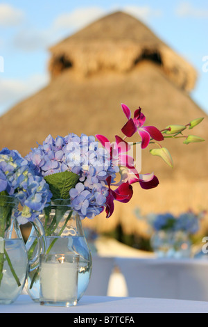 Tropische Blumen in eine dekorative Vase auf einem Tisch Stockfoto