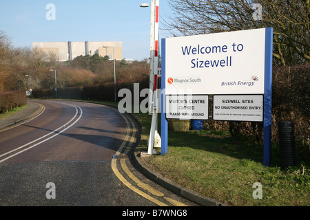 Ortseingangsschild Kernkraftwerk Sizewell Suffolk England Stockfoto