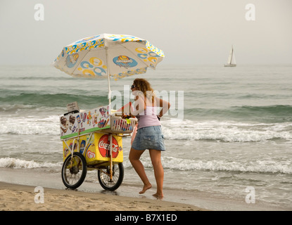 Weibliche Anbieter mit Schubkarre, Verkauf von Eis an einem Strand, Camargue, Frankreich, Europa Stockfoto