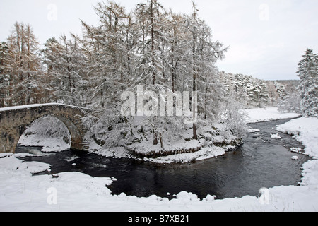 Alten Spannweite der Poldhullie Brücke über den Fluss Don in Strathdon, Aberdeenshire, Schottland, im Winter mit Schnee bedeckt. Stockfoto