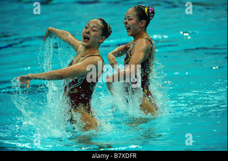 Jiang Wenwen Jiang Tingting CHN synchronisiert 18. August 2008 schwimmen während Peking 2008 Sommer Olympiade Duett Technical Routine Vorrunde im National Aquatics Center Wasser Cube Beijing China Foto von Jun Tsukida AFLO SPORT 0003 Stockfoto