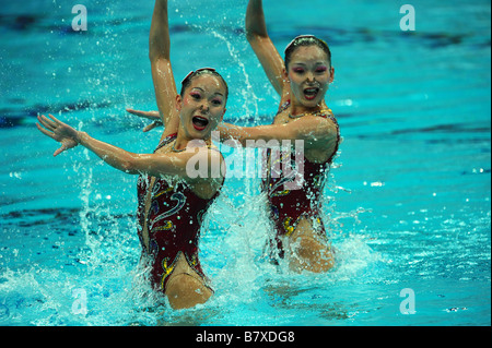 Jiang Wenwen Jiang Tingting CHN synchronisiert 18. August 2008 schwimmen während Peking 2008 Sommer Olympiade Duett Technical Routine Vorrunde im National Aquatics Center Wasser Cube Beijing China Foto von Jun Tsukida AFLO SPORT 0003 Stockfoto