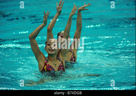 Jiang Wenwen Jiang Tingting CHN synchronisiert 18. August 2008 schwimmen während Peking 2008 Sommer Olympiade Duett Technical Routine Vorrunde im National Aquatics Center Wasser Cube Beijing China Foto von Jun Tsukida AFLO SPORT 0003 Stockfoto