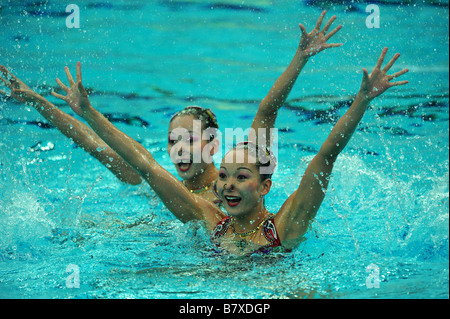 Jiang Wenwen Jiang Tingting CHN synchronisiert 18. August 2008 schwimmen während Peking 2008 Sommer Olympiade Duett Technical Routine Vorrunde im National Aquatics Center Wasser Cube Beijing China Foto von Jun Tsukida AFLO SPORT 0003 Stockfoto