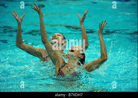 Jiang Wenwen Jiang Tingting CHN synchronisiert 18. August 2008 schwimmen während Peking 2008 Sommer Olympiade Duett Technical Routine Vorrunde im National Aquatics Center Wasser Cube Beijing China Foto von Jun Tsukida AFLO SPORT 0003 Stockfoto