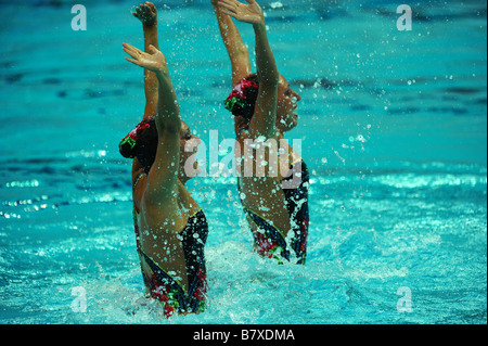 Gemma Mengual Andrea Fuentes ESP 18. August 2008 Synchronschwimmen während Peking 2008 Sommer Olympiade Duett Technical Routine Vorrunde im National Aquatics Center Wasser Cube Beijing China Foto von Jun Tsukida AFLO SPORT 0003 Stockfoto