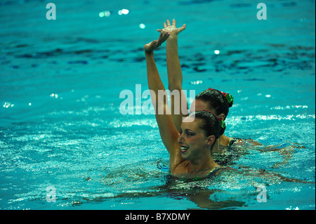 Gemma Mengual Andrea Fuentes ESP 18. August 2008 Synchronschwimmen während Peking 2008 Sommer Olympiade Duett Technical Routine Vorrunde im National Aquatics Center Wasser Cube Beijing China Foto von Jun Tsukida AFLO SPORT 0003 Stockfoto