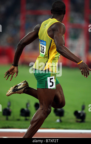 Usain Bolt JAM 20. August 2008 Leichtathletik Usain Bolt aus Jamaika reagiert nach dem Bruch des Weltrekord mit einer Zeit von 19 30 gewinnt die Goldmedaille im Herren 200-Meter-Finale bei der Leichtathletik-Leichtathletik-Veranstaltung im National Stadium während der 12. Tag der 2008 Olympischen Spiele in Peking am 20. August 2008 in Peking China Photo von Koji Aoki AFLO SPORT 0008 Stockfoto