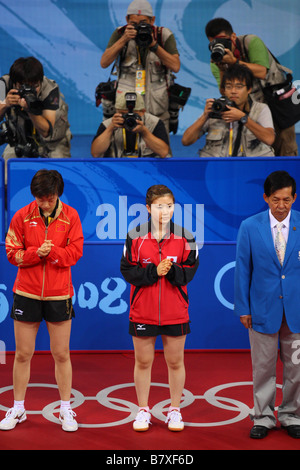 L, R Zhang Yining CHN Ai Fukuhara JPN 21. August 2008 Tischtennis 2008 Beijing Olympischen Spiele Damen Einzel Runde 4 in Peking Stockfoto