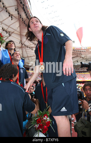 Lionel Messi ARG 23. August 2008 Fußball Beijing 2008 Olympische Spiele Lionel Messi feiert Gewinn einer Goldmedaille bei der Siegerehrung Herren Fußball am nationalen Stadion Vogelnest in Peking China Photo von Daiju Kitamura AFLO SPORT 1045 Stockfoto