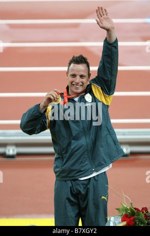 Oscar Pistorius RSA 16. September 2008 Leichtathletik Peking 2008 Paralympischen Spiele Herren 400 m T44 letzte Medaille Zeremonie in der Bootsklasse Stockfoto