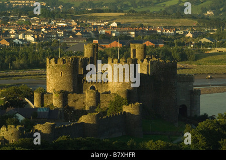 Conwy Castle spät an einem Sommer Abend Nordwales mit dem Schein der untergehenden Sonne auf die Struktur Stockfoto