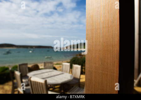 Das Flugboot-Restaurant-Terrasse. Die Isles of Scilly Tresco. Cornwall. England. UK Stockfoto