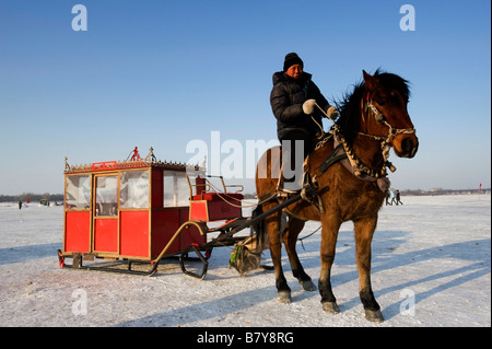 Pferdekutsche Schlitten zum Tragen von Personen und Touristen über den zugefrorenen Fluss Songhua-Fluss im nördlichen China Harbin im Winter 2009 Stockfoto