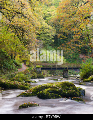 East Lyn River stürzt zwischen moosigen Felsblöcken im Watersmeet im Herbst Exmoor National Park Devon England Stockfoto