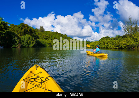 Kajakfahren auf der Hanalei River Insel Kauai Hawaii Frau Stockfoto