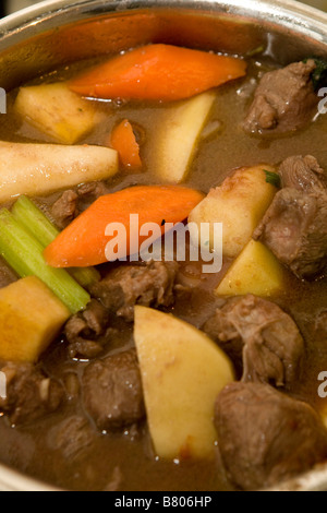 Rindfleisch und Gemüse Eintopf kochen in einer Pfanne aus Stahl Stockfoto