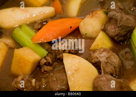 Nahaufnahme von Rindfleisch und Gemüse Eintopf kochen in einer Pfanne aus Stahl Stockfoto